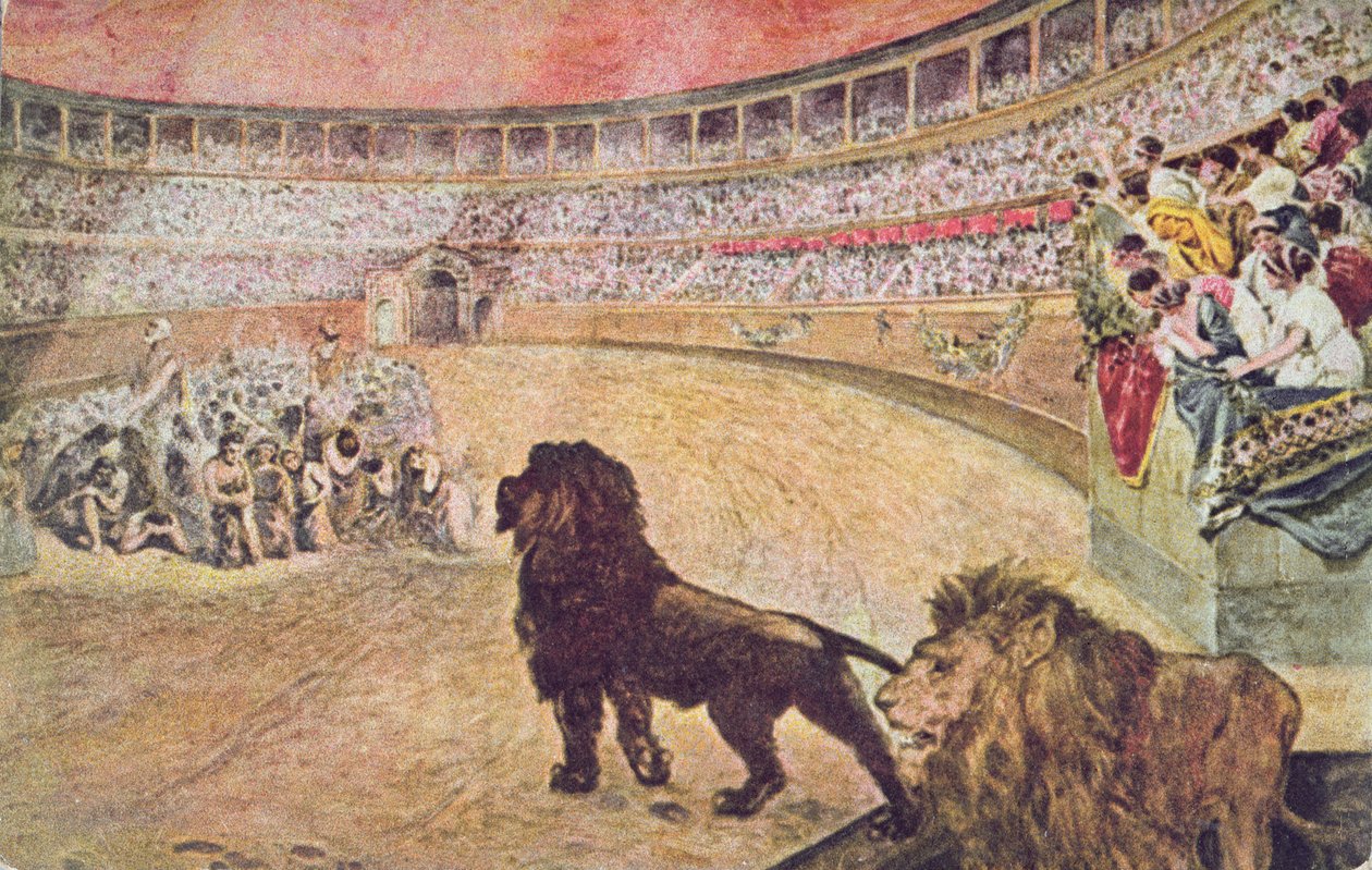 Pohlednice zobrazující křesťanské mučedníky v aréně v Římě, c.1910 od A. del Senno
