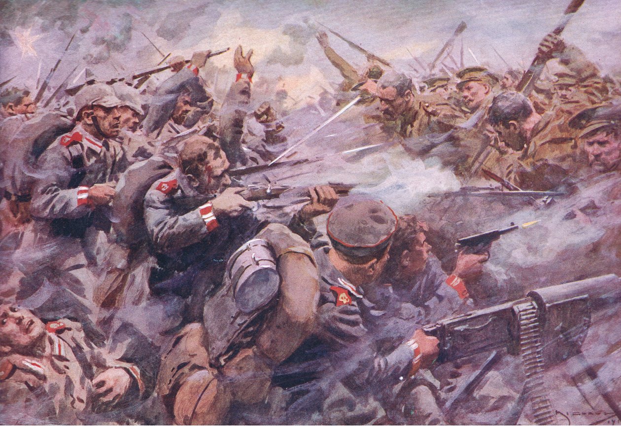 Porážka pruské gardy u Zonnebeke, z History of the Great War Vol 3 vydané nakladatelstvím Waverley Book Co Limited, kolem roku 1920 od A.C. Michael