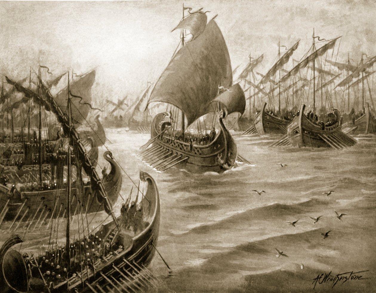 Cimon přebírá velení řecké flotily, ilustrace z „Hutchinsonových dějin národů“, 1915 od A.C. Weatherstone