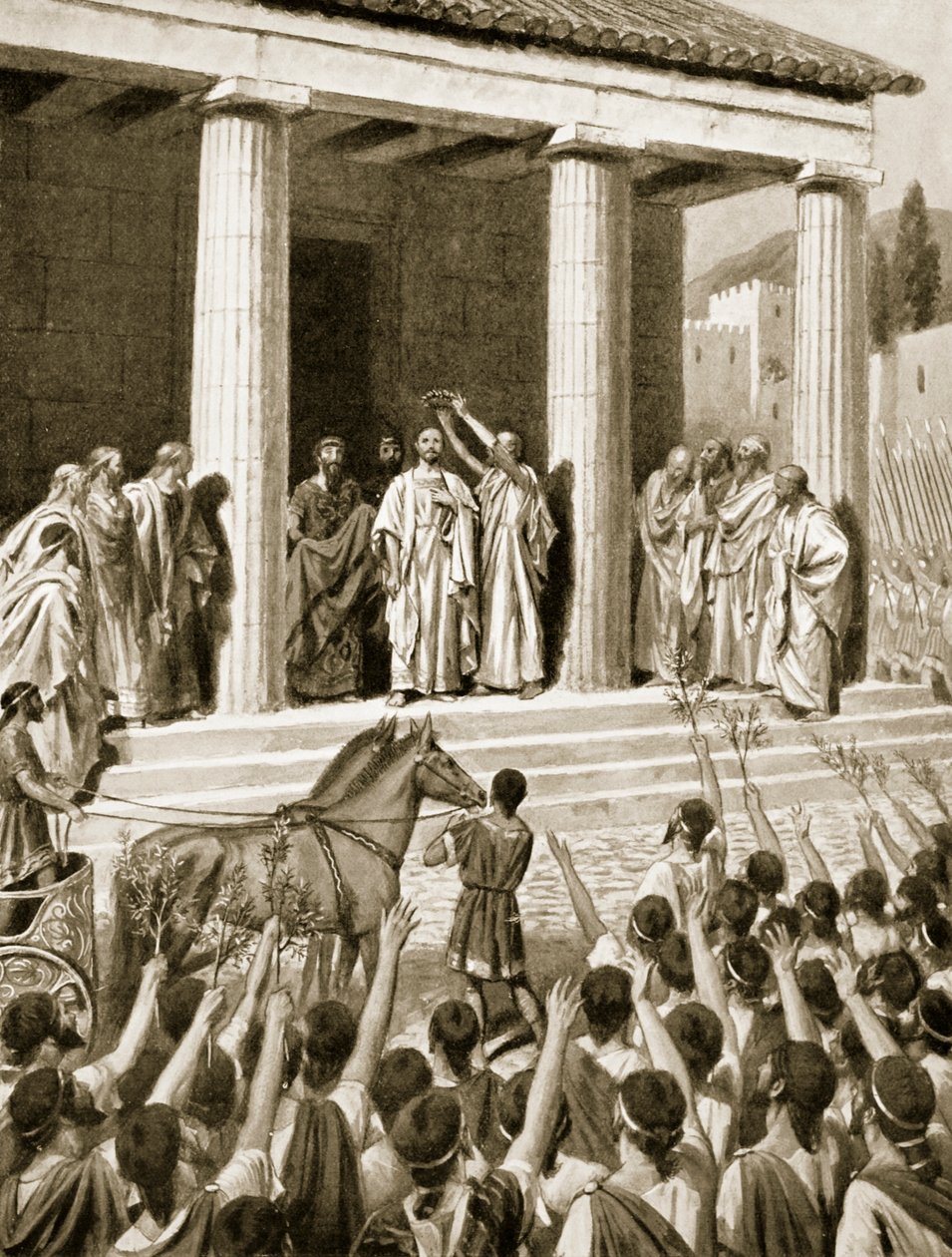 Themistokles vyznamenán ve Spartě, ilustrace z „Hutchinsonových dějin národů“, 1915 od A.C. Weatherstone