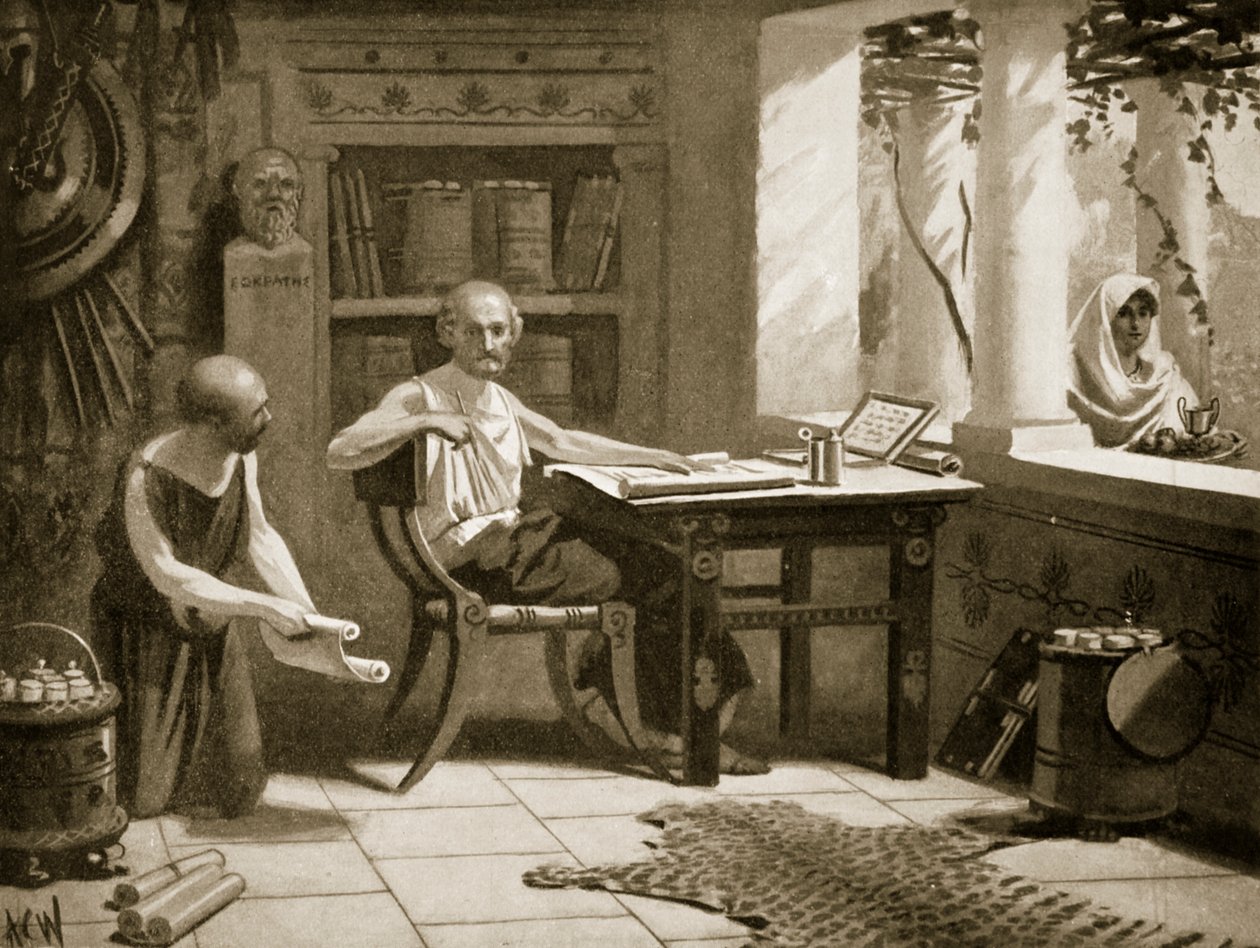 Xenofón diktuje svou historii, ilustrace z „Hutchinsonových dějin národů“, 1915 od A.C. Weatherstone