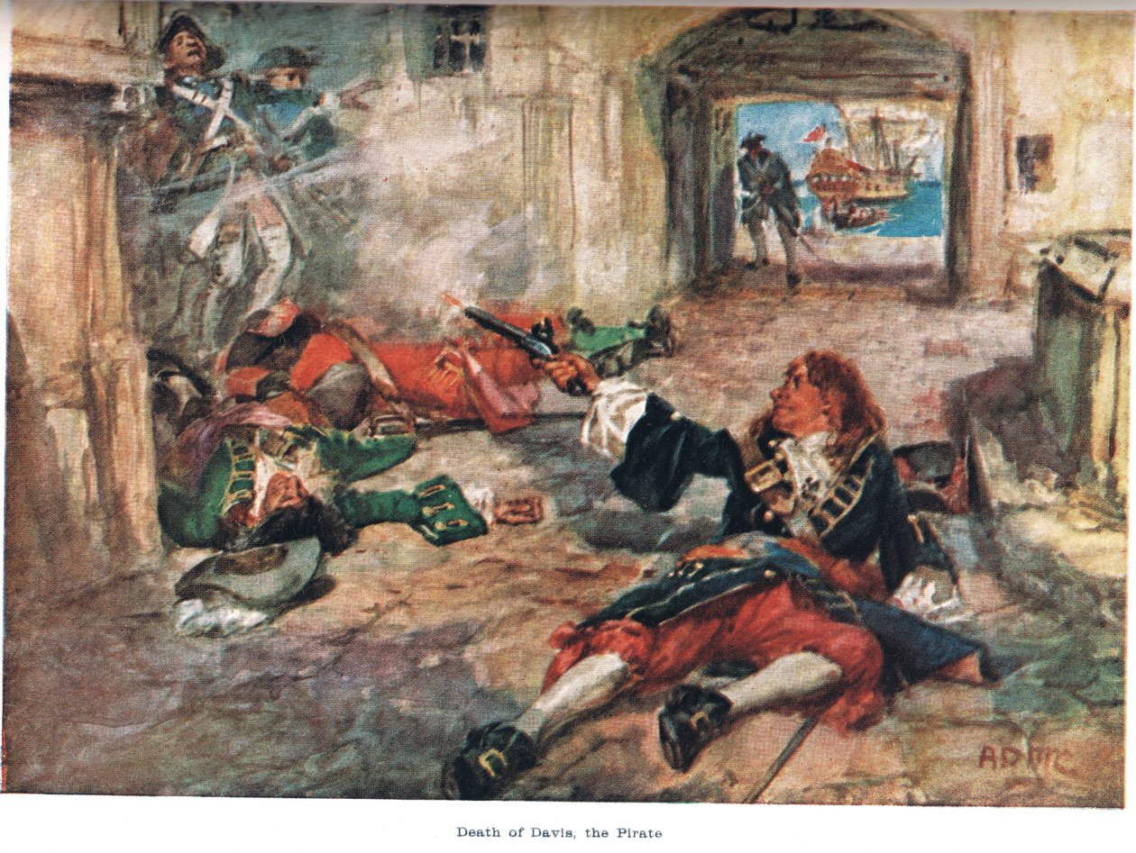 Death of Davis, the Pirate, ilustrace z ‚Země zlatého obchodu‘, vydané Jackem v roce 1921 od A.D. McClintock