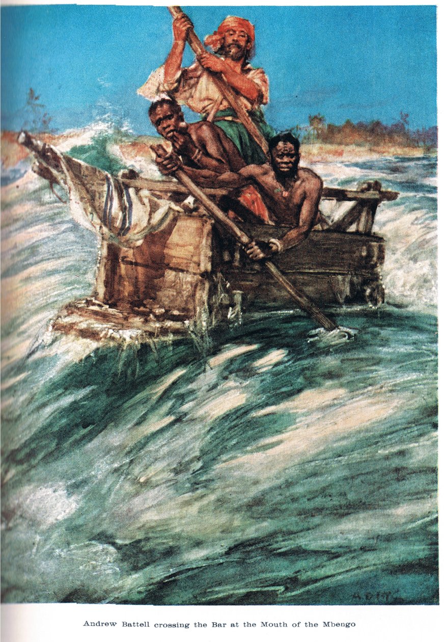 Battell dorazí k ústí Mbengo, ilustrace z „Země zlatého obchodu“, kterou vydal Jack v roce 1921 od A.D. McClintock