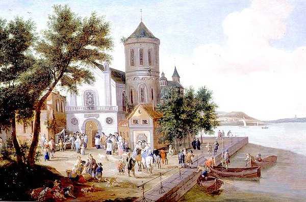 Pobřežní krajina s postavami na kostelním náměstí od A.F. and Bouts P. Boudewyns