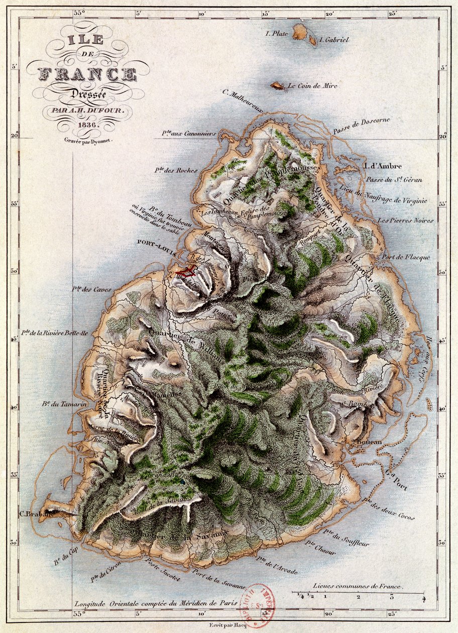Mapa Mauricia, ilustrace z „Paul et Virginie“ od Henriho Bernardina de Saint-Pierre (1737-1814), rytina Dyonnet, 1836 od A.H. Dufour