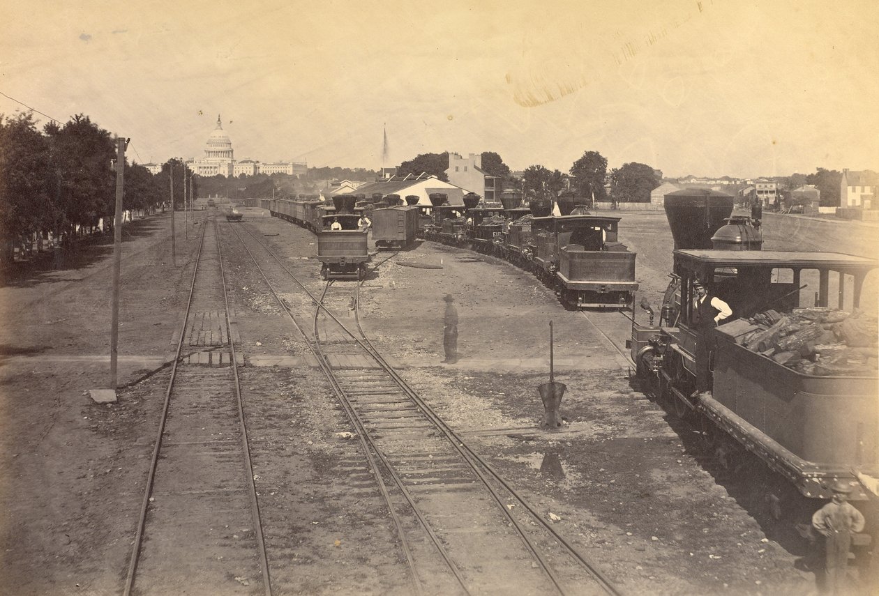 č. 189. Maryland Avenue Depot, Washington, D.C., s motory vyslanými z Alexandrie pro jistotu. od A.J. Russell