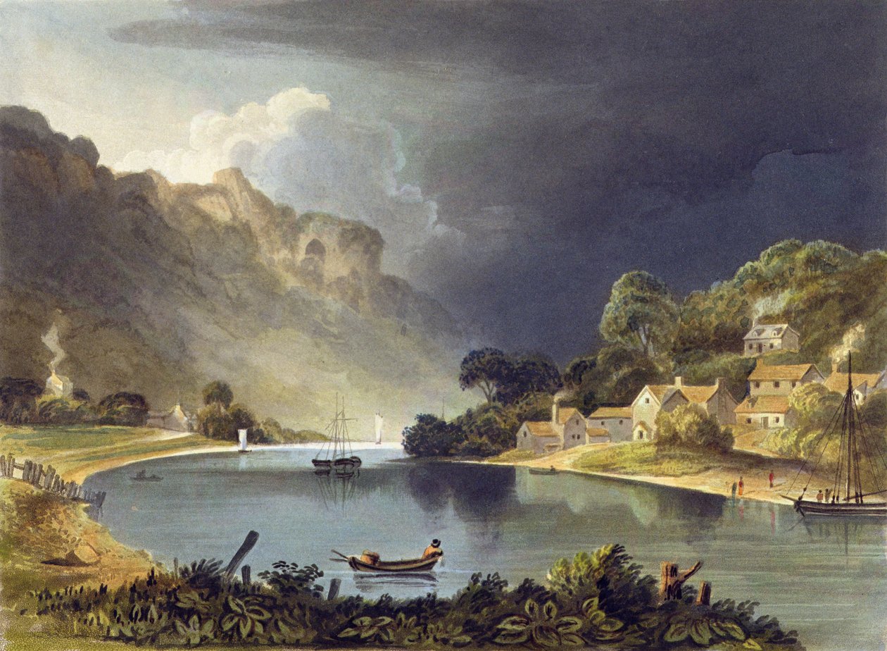Pohled po řece u New Weir, deska 13 z „Description of the River Wye“, vyrytý Theodorem Henry Fieldingem (1781-1851), 1818 (ručně kolorovaná akvatinta) od A.V. Copley Fielding