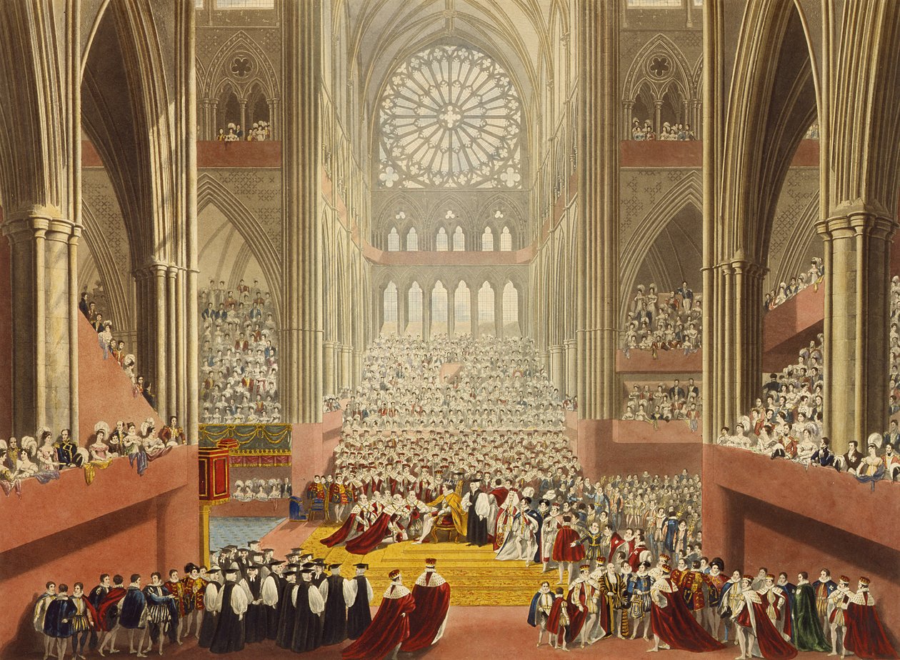 Ceremony of the Homage, 19. července 1821, z alba oslavujícího korunovaci krále Jiřího IV. (1762-1830) vyryté Williamem Jamesem Bennettem (1787-1844) vydaného 1824 od A.W. and Stephanoff Pugin