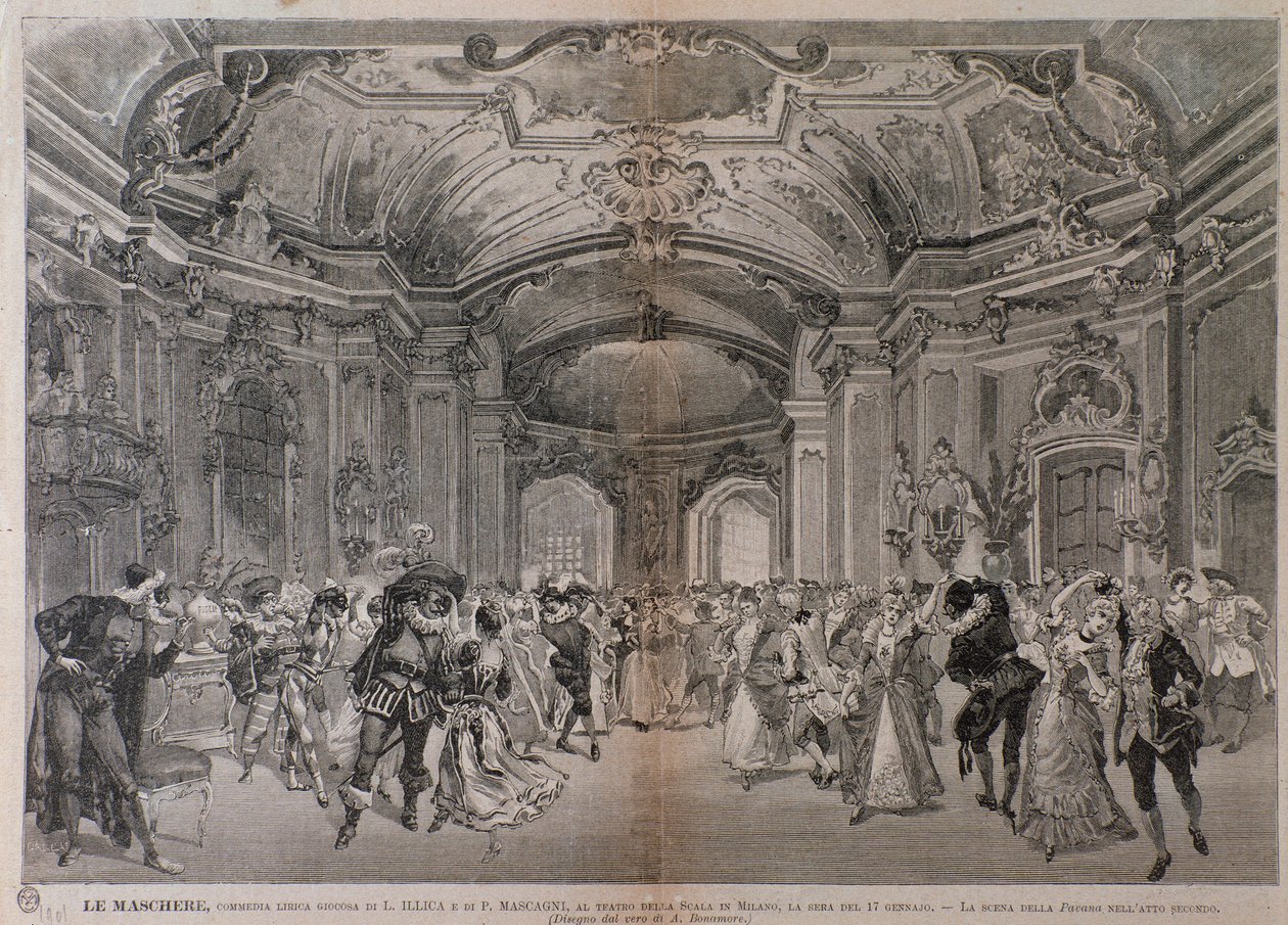 Ilustrace k opeře Le Maschere od Pietra Mascagniho pro představení v teatro alla Scala v Miláně od A. (after) Bonamore