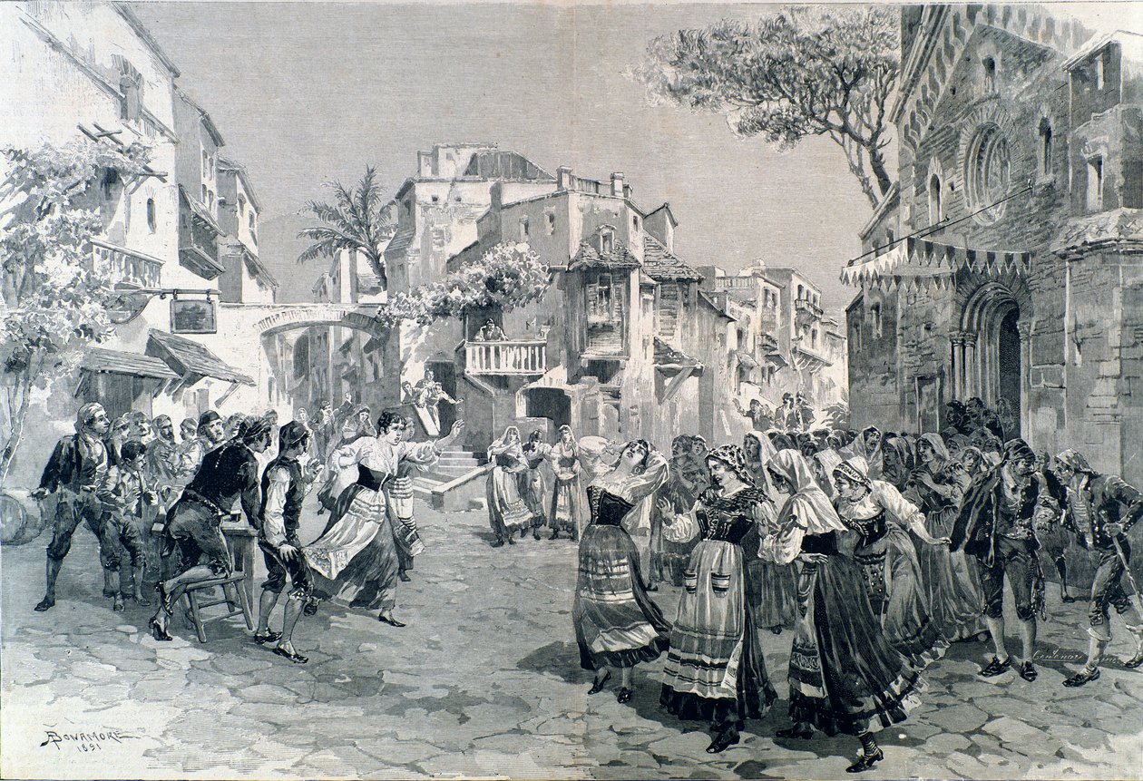 Závěrečná scéna Cavalleria rusticana, opera Mascagniho, v teatro alla scala v roce 1891 od A. (after) Bonamore