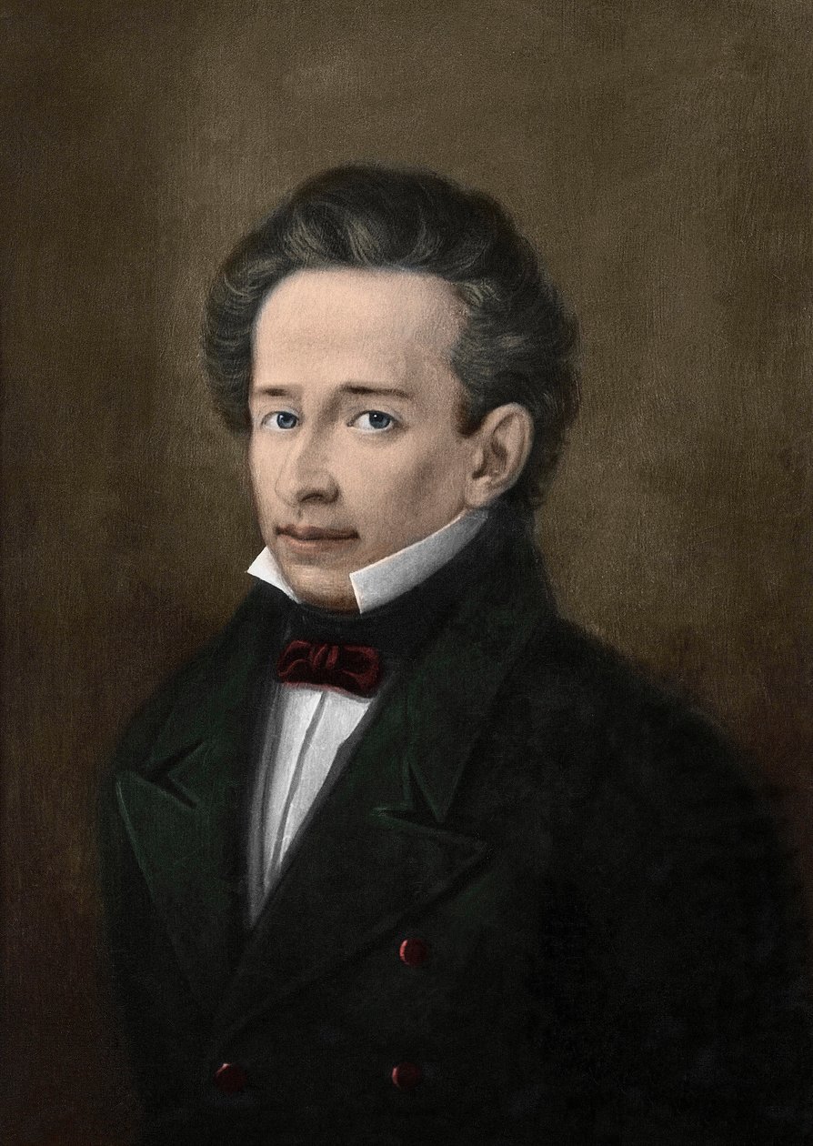 Portrét Giacoma Leopardiho (1798-1837) z portrétu A. Ferrazziho - od A. (after) Ferrazzi