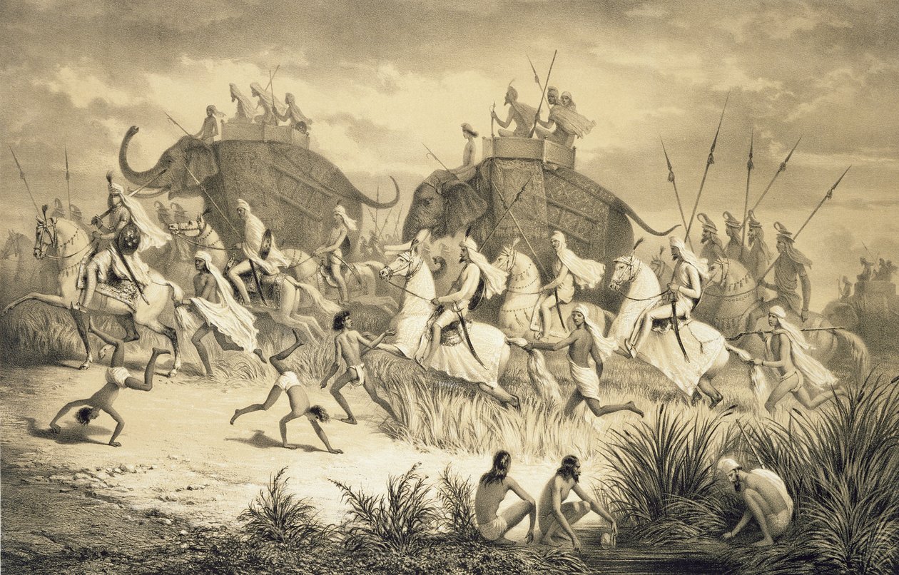 Kavalkáda sikhských náčelníků na slonech, z „Voyage in India“, vyryté hospodou Louis Henri de Rudder (1807-81). v Londýně od A. (after) Soltykoff