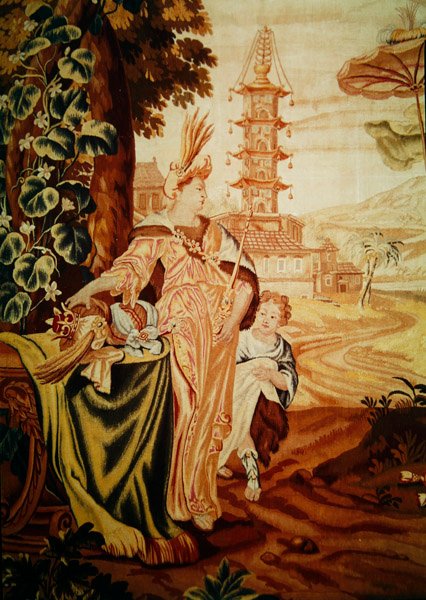 Asie, z tapiserie Čtyři světové strany, detail postavy vlevo před pagodou (detail 194760) od A. Baertams