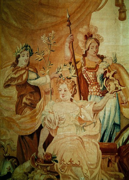Evropa, z tapiserie Čtyři světové strany, detail postav na pódiu vlevo, první polovina 18. století. od A. Baertams