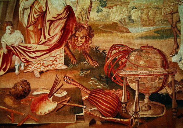 Evropa, z tapiserie čtyř světových stran, detail hudebních nástrojů vpravo dole, počátek 18. století. od A. Baertams