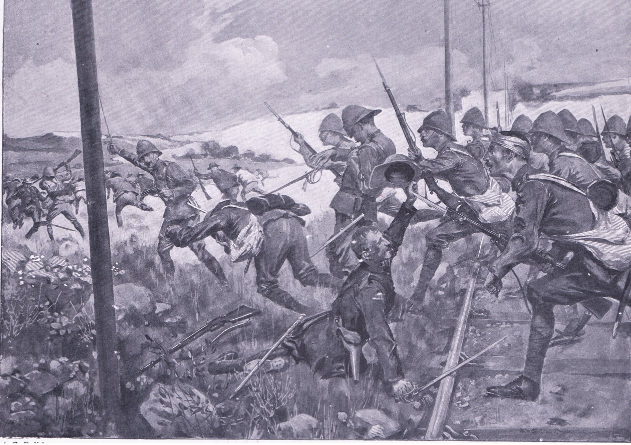 Obvinění skotských střelců ve Fredrikstadu, ilustrace z After Pretoria: The Guerilla War, 1902 od A. C. Ball