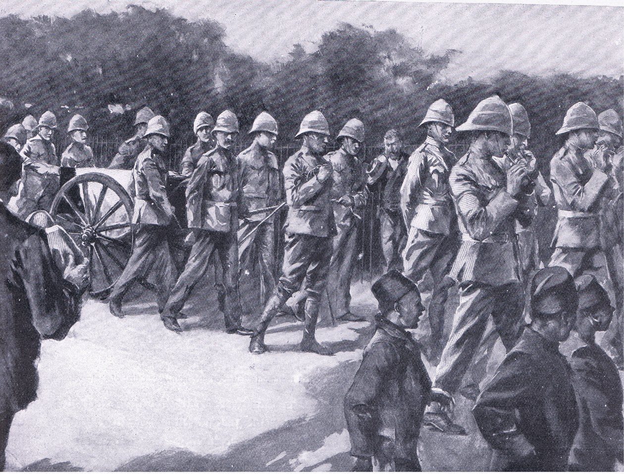 Pohřeb s vojenskými poctami búrského vězně v Simonstownu, z After Pretoria: The Guerilla War vydané nakladatelstvím Harmsworth Bros Limited, 1901 od A. C. Ball