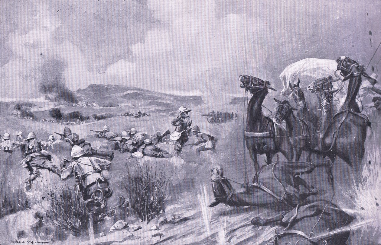 Útok na konvoj v Buffelspoortu, ilustrace z Po Pretorii: Guerilla War, 1902 od A. C. Ball
