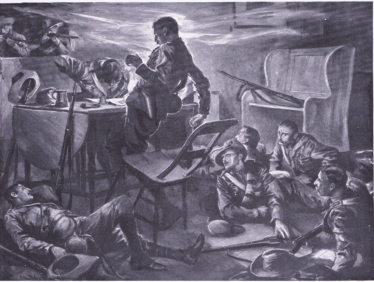 Zabití dvou mužů z Comptons Horse při psaní dopisů domů, ilustrace z After Pretoria: The Guerilla War, 1902 od A. C. Ball