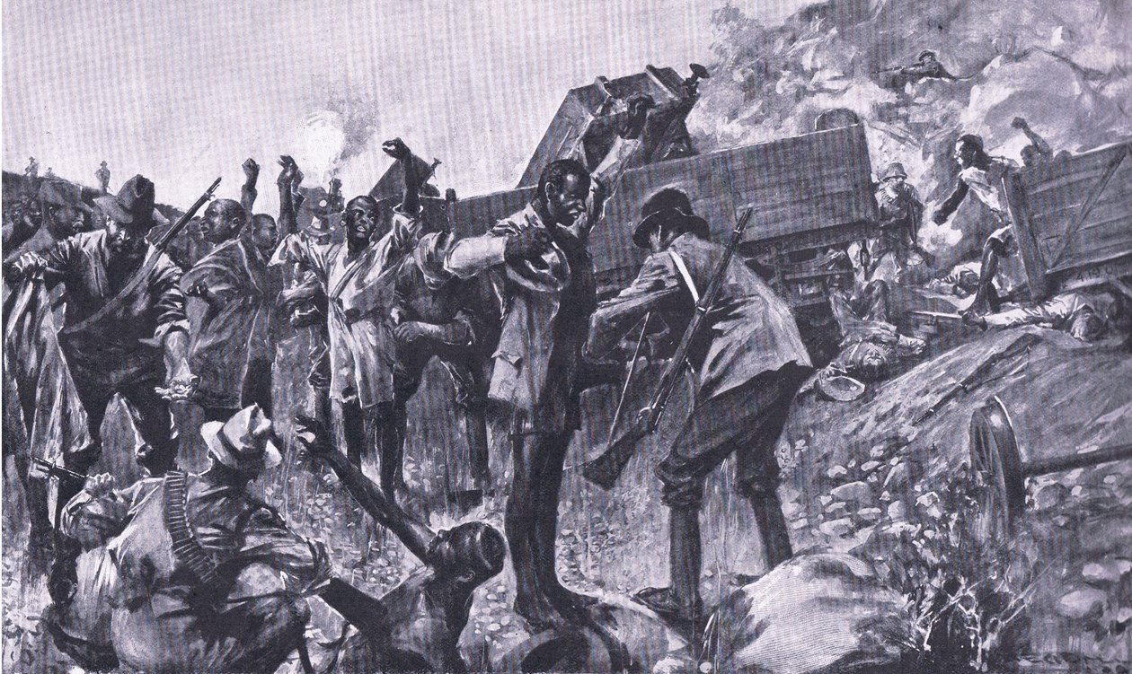 Ztroskotání vlaku poblíž Taaibosch, z After Pretoria: The Guerilla War vydané Harmsworth Bros Limited, 1901 od A. C. Ball