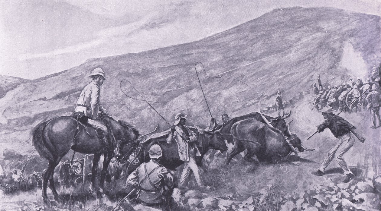 Potíže s dopravou v Barbertonu: Jak se děla a vozy dostávaly do hor, ilustrace z knihy Po Pretorii: Partyzánská válka, 1902 od A. C. Ball