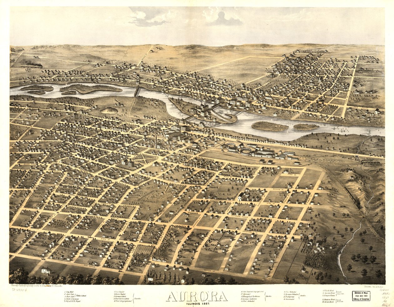 Aurora, Illinois 1867. LOC 73693341 od A.; Chicago Lithographing Co. Ruger