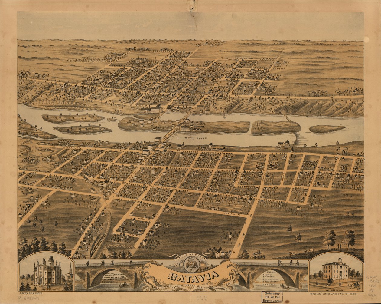 Pohled na Batavii, okres Kane, Illinois, z ptačí perspektivy, 1869. LOC 73693342 od A.; Chicago Lithographing Co. Ruger