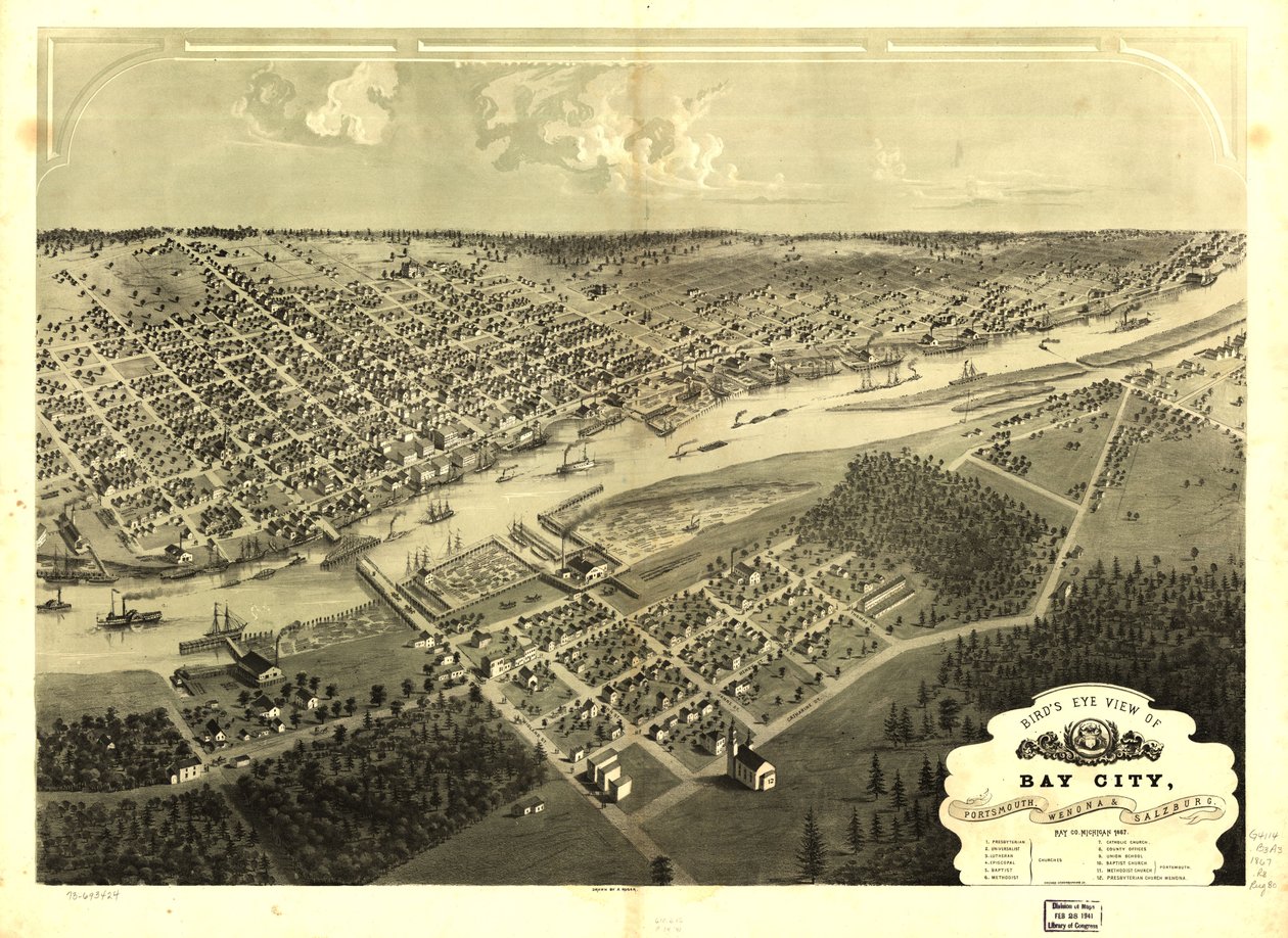 Pohled z ptačí perspektivy na Bay City, Portsmouth, Wenona  Salzburg, Bay Co., Michigan 1867. LOC 73693424 od A.; Chicago Lithographing Co. Ruger