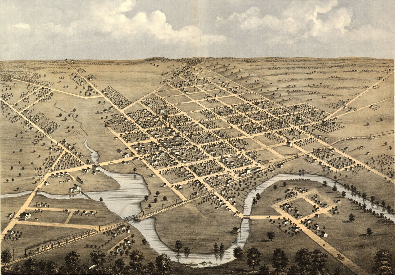 Pohled z ptačí perspektivy na Columbus, Columbia Co., Wisconsin 1868. LOC 73694538 od A.; Chicago Lithographing Co. Ruger