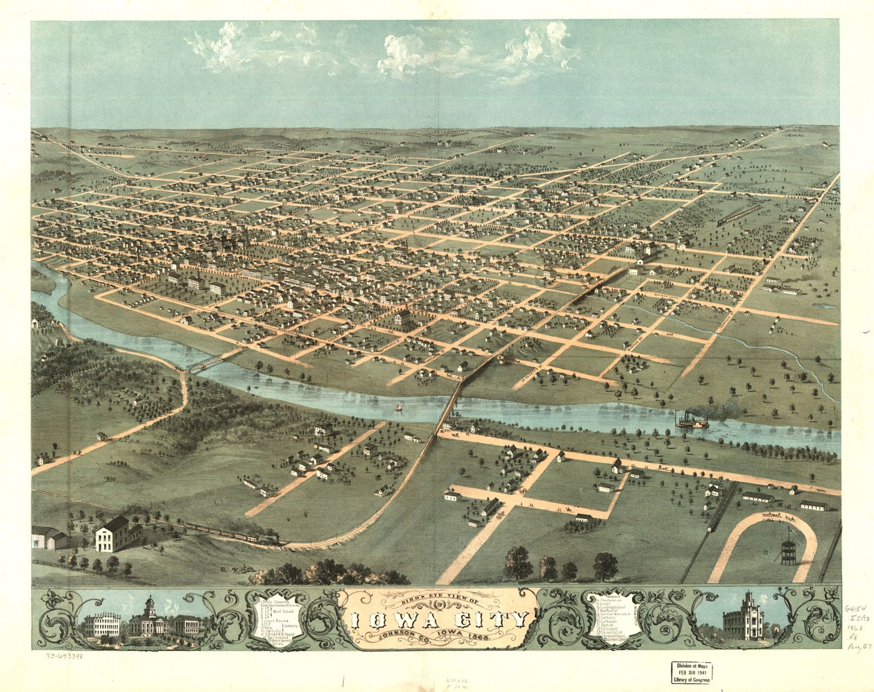Pohled na Iowa City, Johnson Co., Iowa z ptačí perspektivy 1868. LOC 73693398 od A.; Chicago Lithographing Co. Ruger