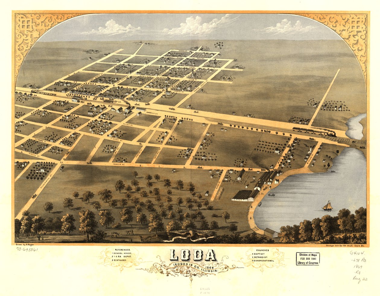 Pohled na Lodu z ptačí perspektivy, Iroquois Co., Illinois 1869. LOC 73693361 od A.; Chicago Lithographing Co. Ruger
