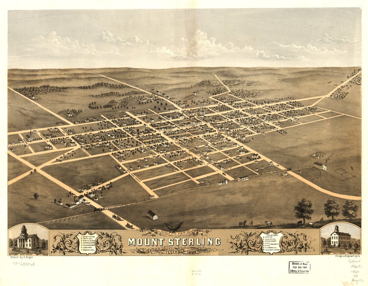Pohled z ptačí perspektivy na Mount Sterling, Brown County, Illinois 1869. LOC 73693365 od A.; Chicago Lithographing Co. Ruger
