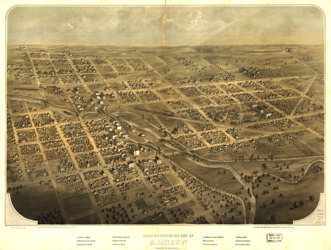 Pohled z ptačí perspektivy na město Albion, Calhoun Co., Michigan. LOC 73693419 od A.; Chicago Lithographing Co. Ruger