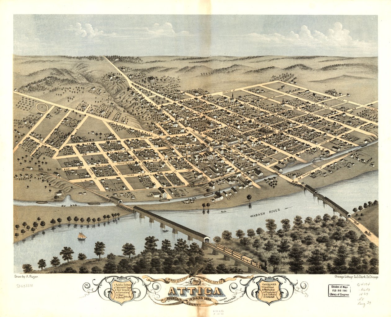 Pohled z ptačí perspektivy na město Attica, Fountain County, Indiana 1869. LOC 73693378 od A.; Chicago Lithographing Co. Ruger