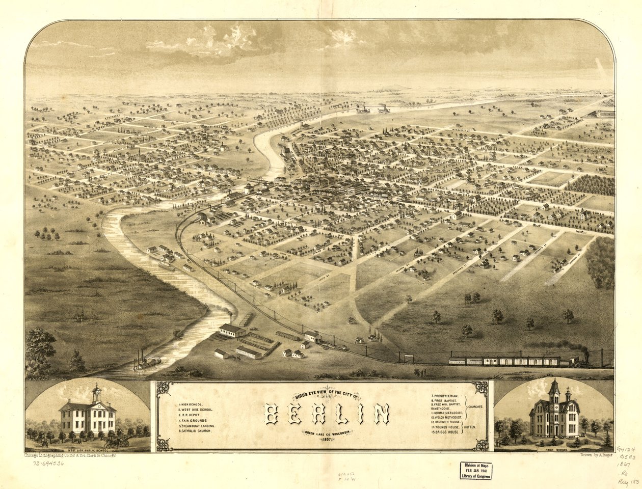 Pohled z ptačí perspektivy na město Berlin, Green Lake Co., Wisconsin 1867. LOC 73694536 od A.; Chicago Lithographing Co. Ruger