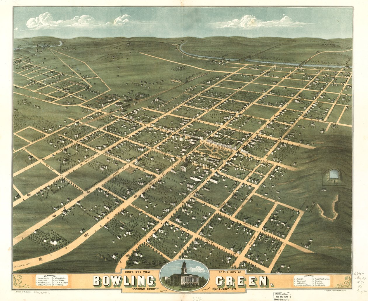 Pohled z ptačí perspektivy na město Bowling Green, okres Warren, Kentucky 1871. LOC 73693412 od A.; Chicago Lithographing Co. Ruger