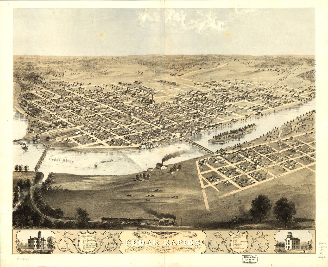 Pohled z ptačí perspektivy na město Cedar Rapids a Kingston, Linn Co., Iowa 1868. LOC 73693391 od A.; Chicago Lithographing Co. Ruger