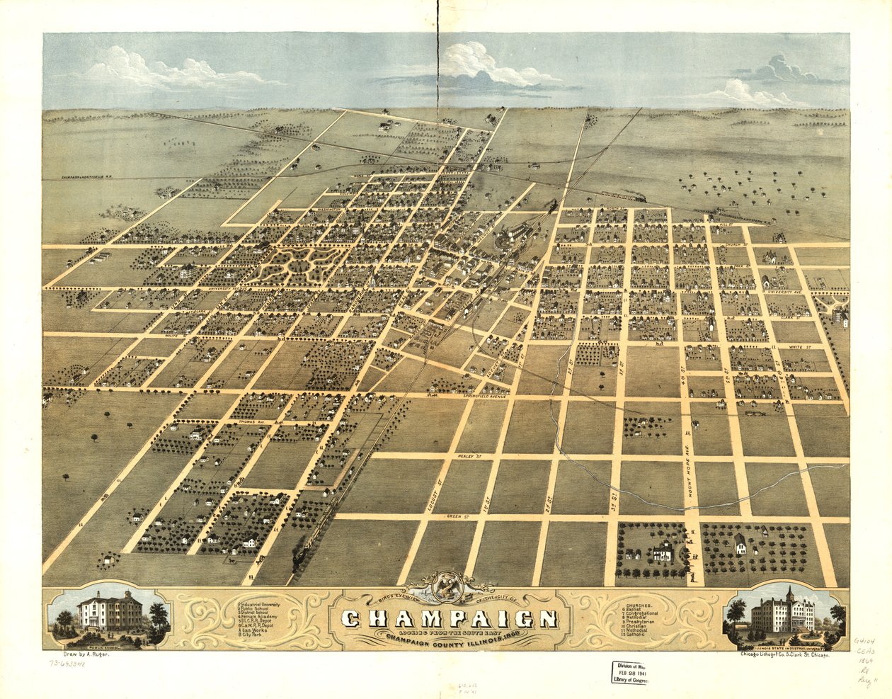 Pohled z ptačí perspektivy na město Champaign, Champaign County, Illinois 1869. LOC 73693348 od A.; Chicago Lithographing Co. Ruger