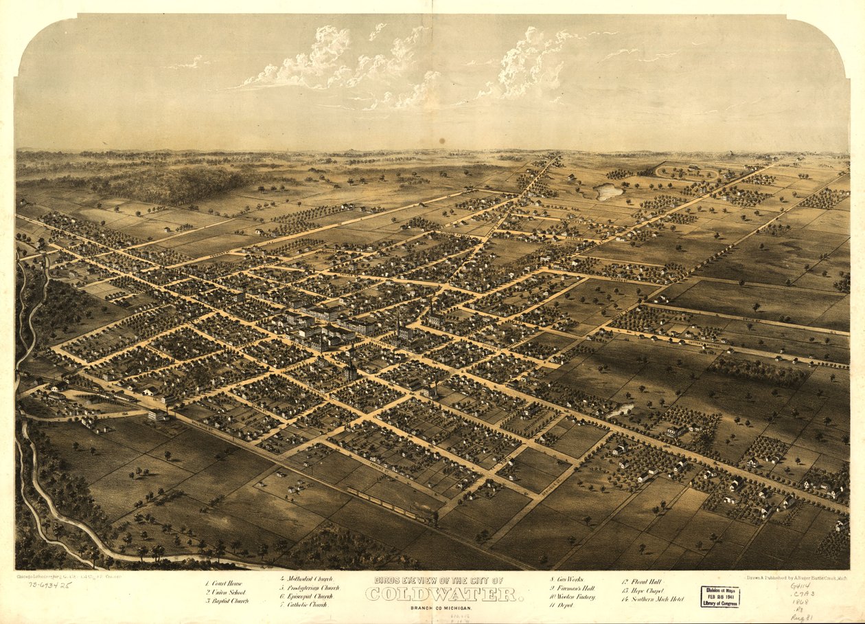 Pohled z ptačí perspektivy na město Coldwater, Branch Co., Michigan. LOC 73693425 od A.; Chicago Lithographing Co. Ruger