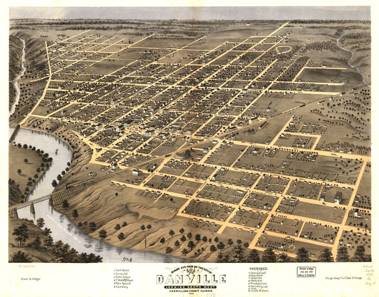 Pohled z ptačí perspektivy na město Danville, Vermillion County, Illinois 1869. LOC 73693353 od A.; Chicago Lithographing Co. Ruger
