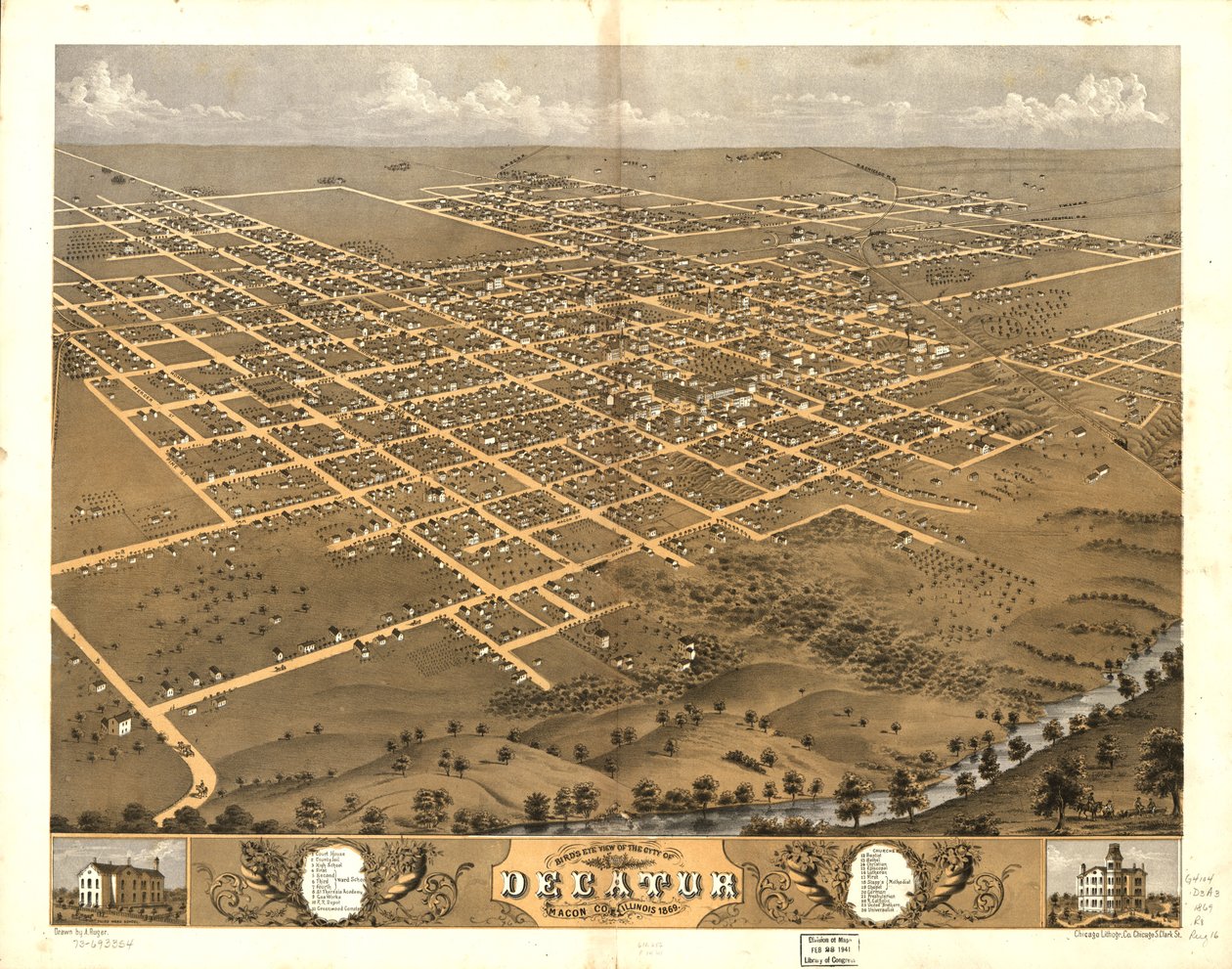 Pohled z ptačí perspektivy na město Decatur, Macon Co., Illinois 1869. LOC 73693354 od A.; Chicago Lithographing Co. Ruger