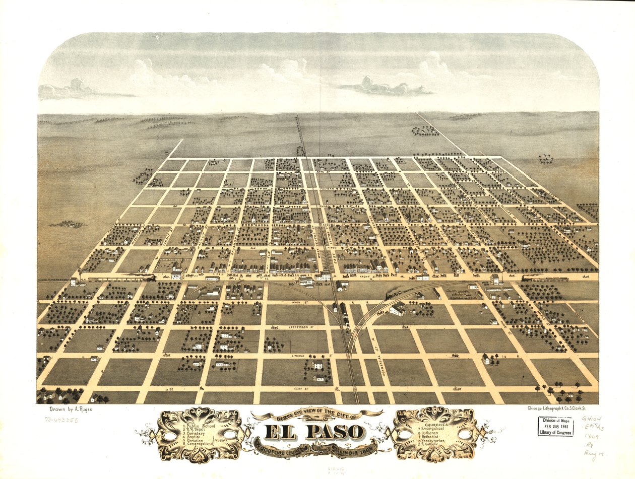 Pohled z ptačí perspektivy na město El Paso, Woodford County, Illinois 1869. LOC 73693355 od A.; Chicago Lithographing Co. Ruger