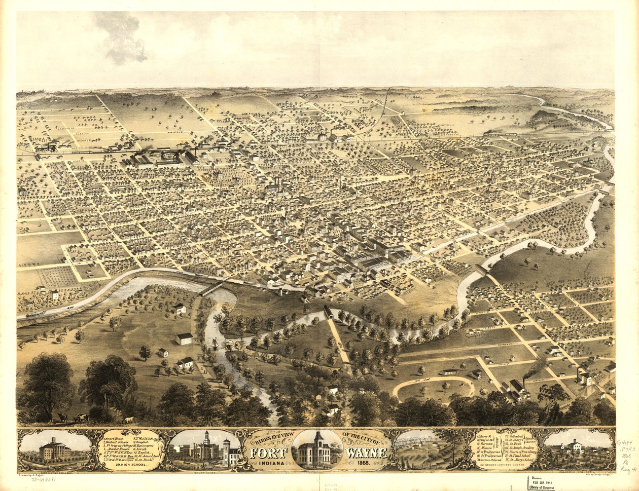 Pohled na město Fort Wayne ve státě Indiana z ptačí perspektivy v roce 1868. LOC 73693381 od A.; Chicago Lithographing Co. Ruger