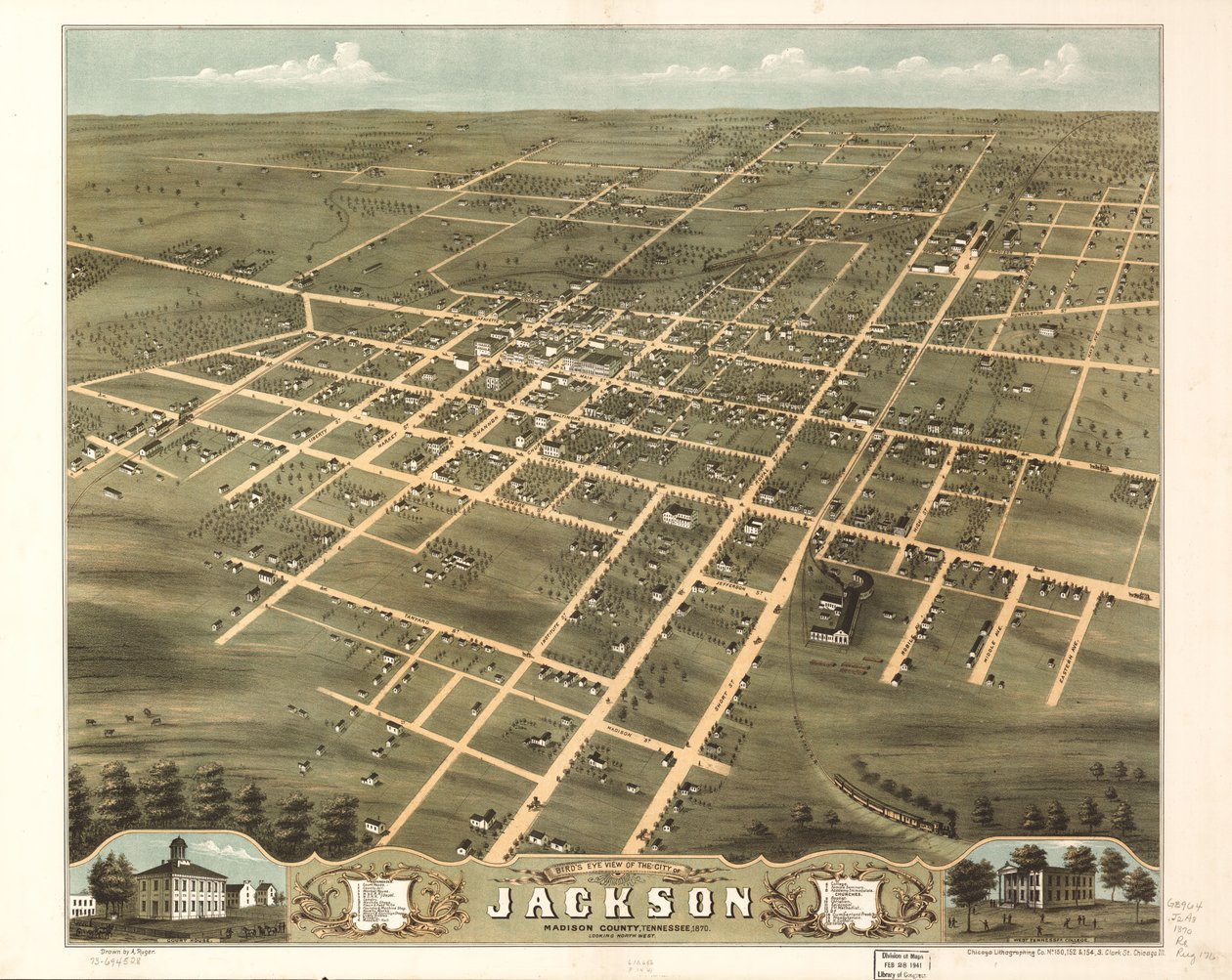 Pohled na město Jackson, Madison County, Tennessee z ptačí perspektivy v roce 1870. LOC 73694528 od A.; Chicago Lithographing Co. Ruger