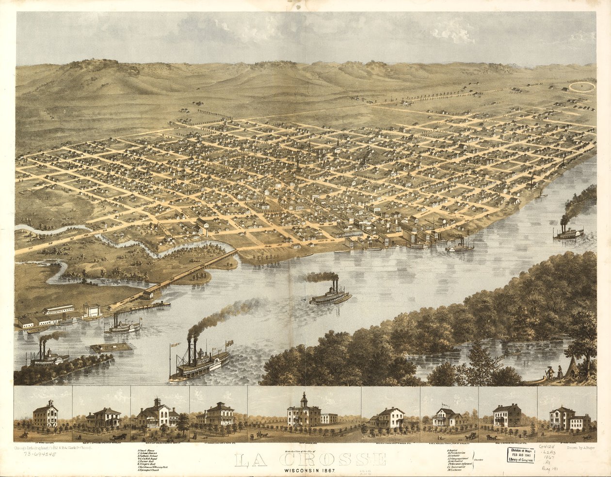 Pohled na město La Crosse ve Wisconsinu z ptačí perspektivy v roce 1867. LOC 73694545 od A.; Chicago Lithographing Co. Ruger