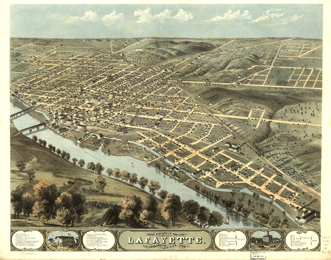 Pohled z ptačí perspektivy na město Lafayette, Tippecanoe Co., Indiana 1868. LOC 73693383 od A.; Chicago Lithographing Co. Ruger