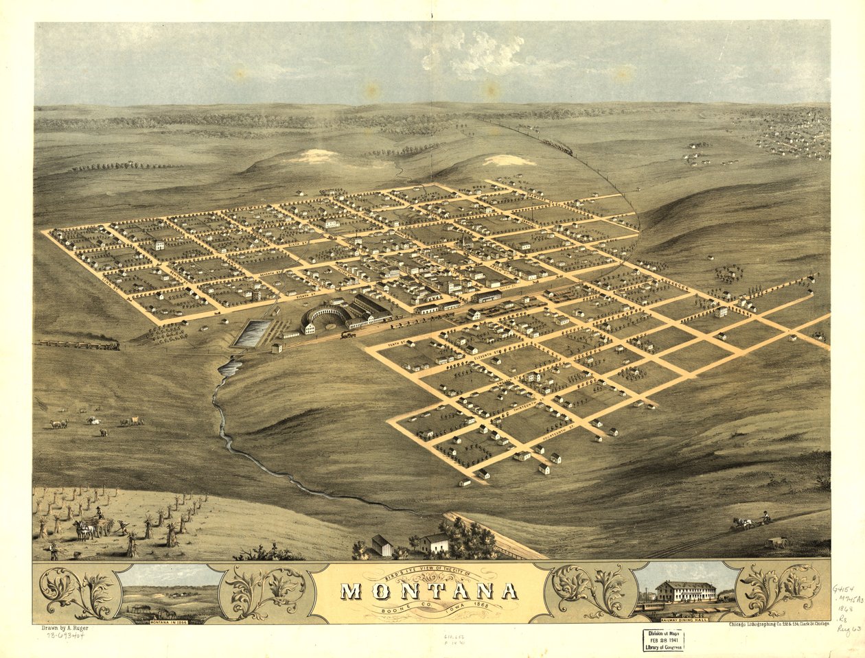 Pohled z ptačí perspektivy na město Montana, Boone Co., Iowa 1868. LOC 73693404 od A.; Chicago Lithographing Co. Ruger