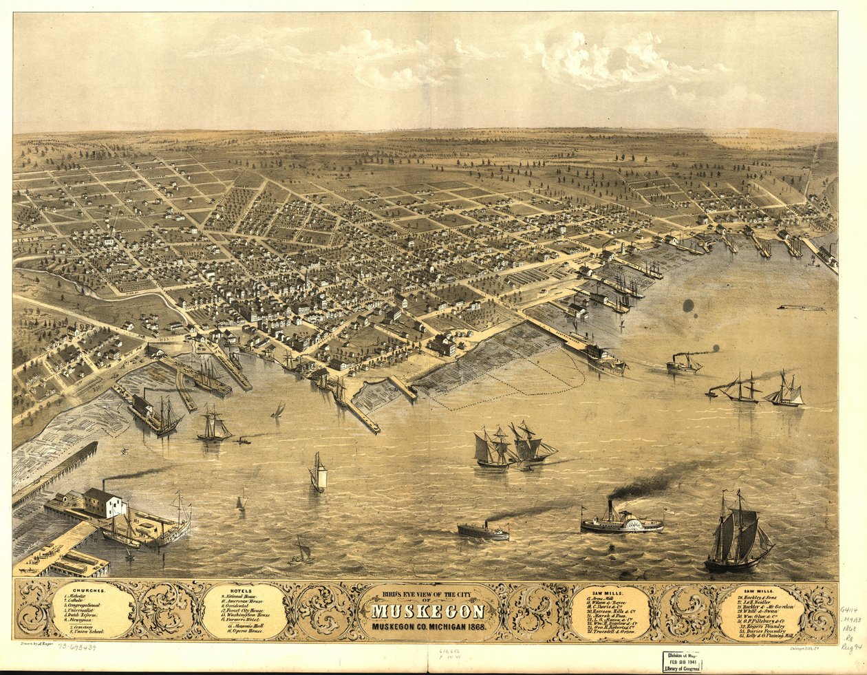 Pohled z ptačí perspektivy na město Muskegon, Muskegon Co., Michigan 1868. od A.; Chicago Lithographing Co. Ruger