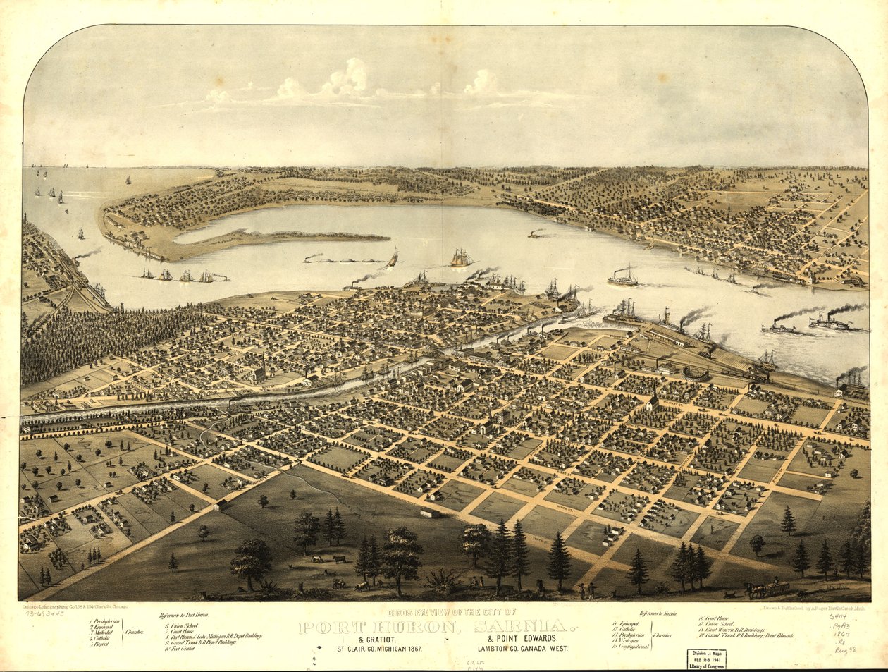 Pohled z ptačí perspektivy na město Port Huron, Sarnia  Gratiot, St. Clair Co., Michigan 1867  Point Edwards, Lambton Co., Kanada západně. LOC 73693443 od A.; Chicago Lithographing Co. Ruger
