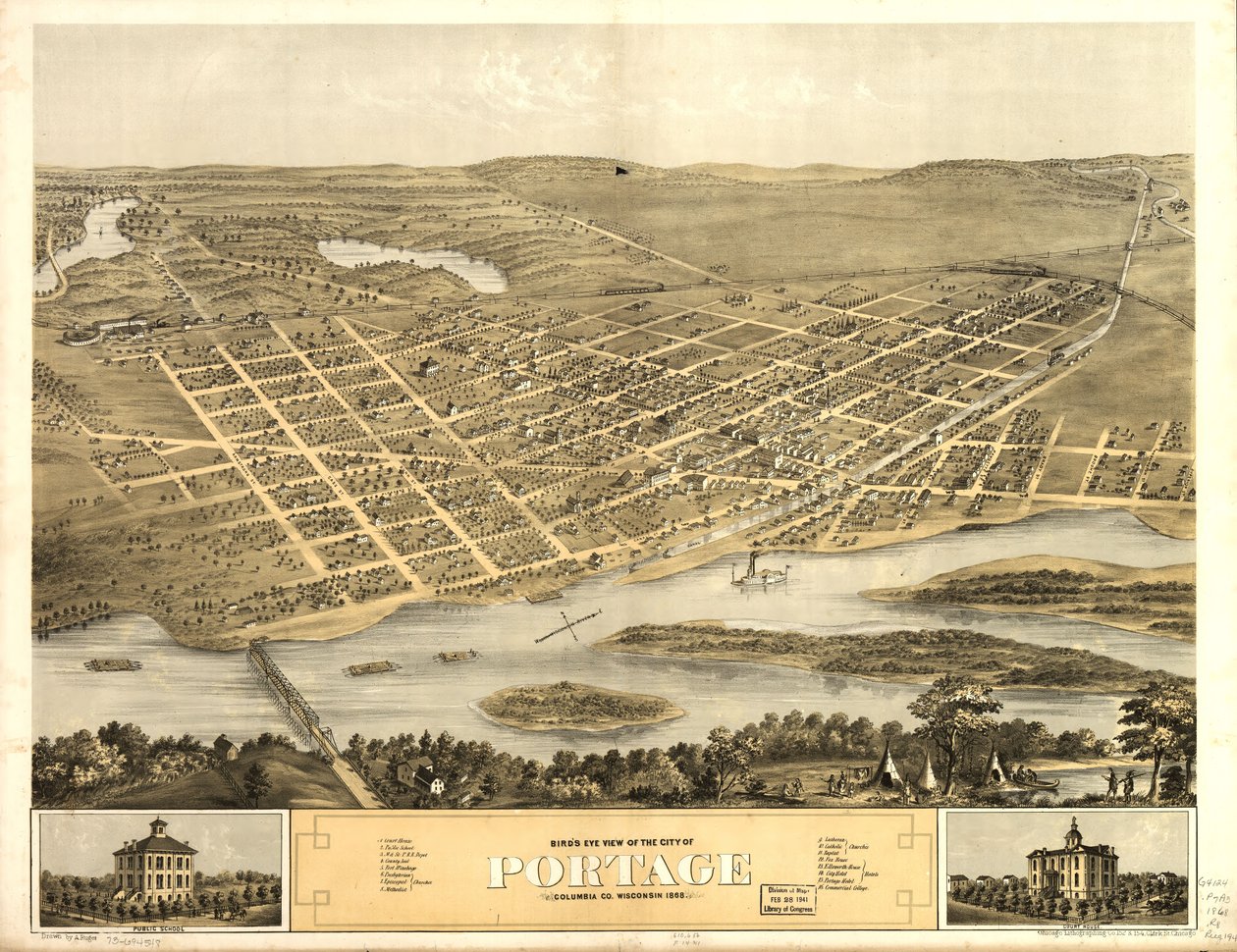 Pohled z ptačí perspektivy na město Portage, Columbia Co., Wisconsin 1868. LOC 73694548 od A.; Chicago Lithographing Co. Ruger